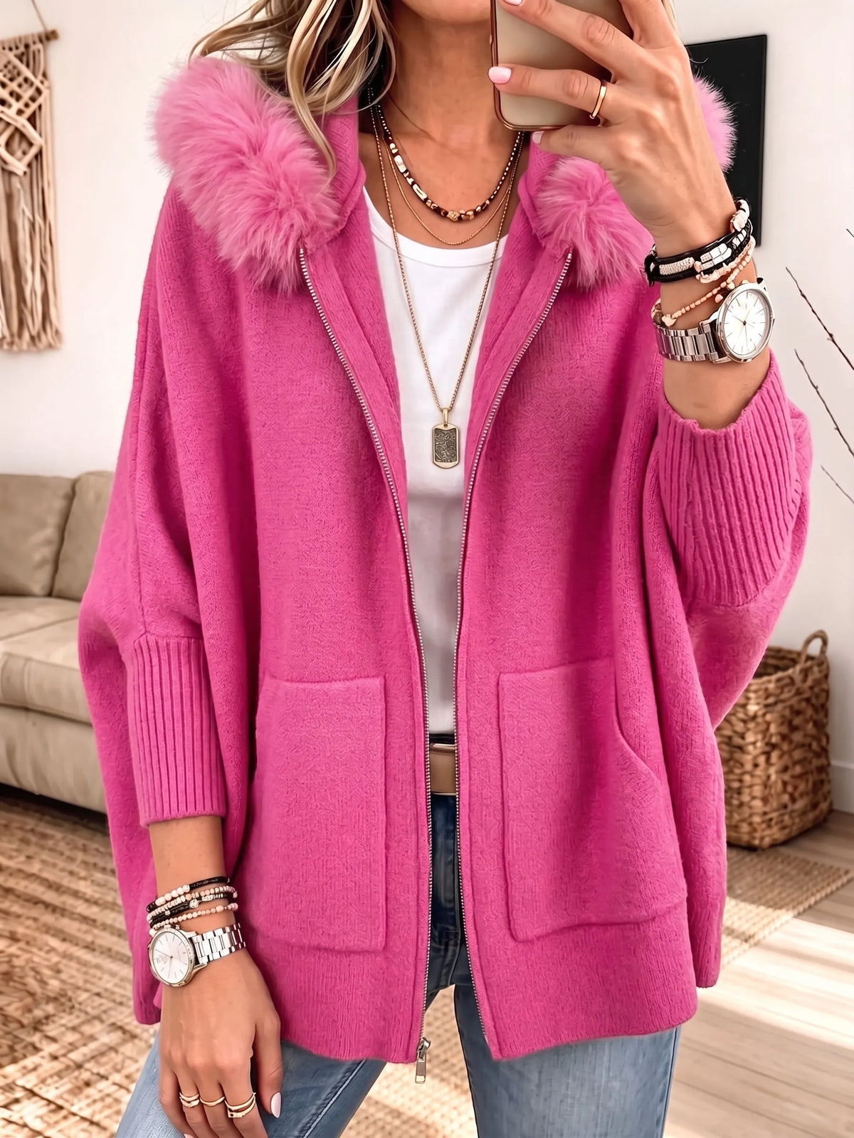 Women Furry Hood Zip‐Up Knit Cardigan, Oversized Cozy Knitted Jacket With Pockets