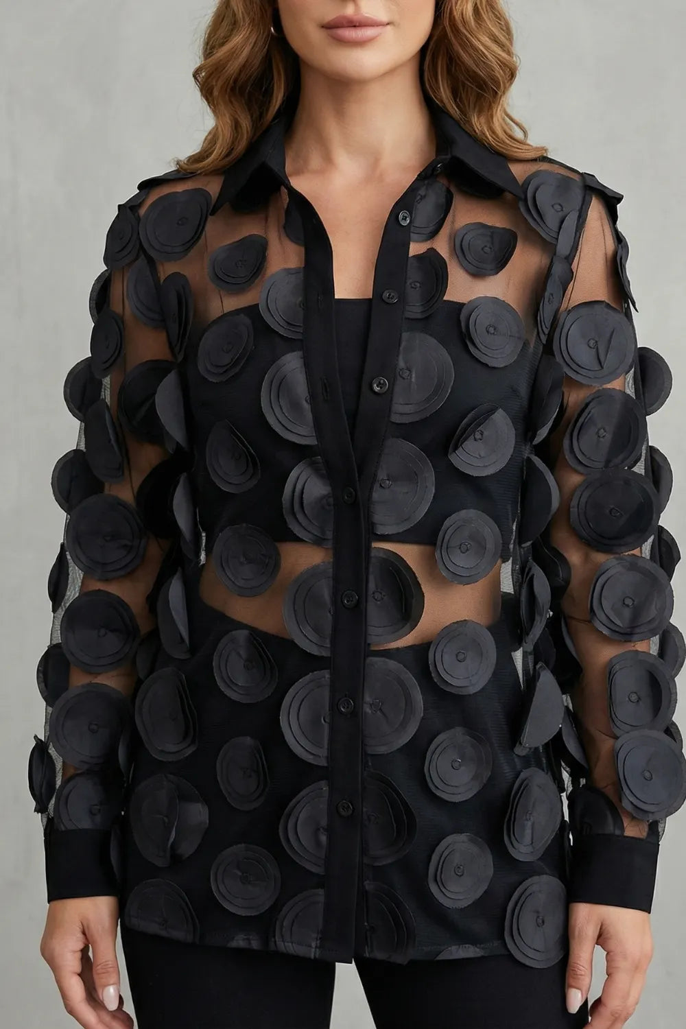Sheer floral appliqué design – Mesh blouse