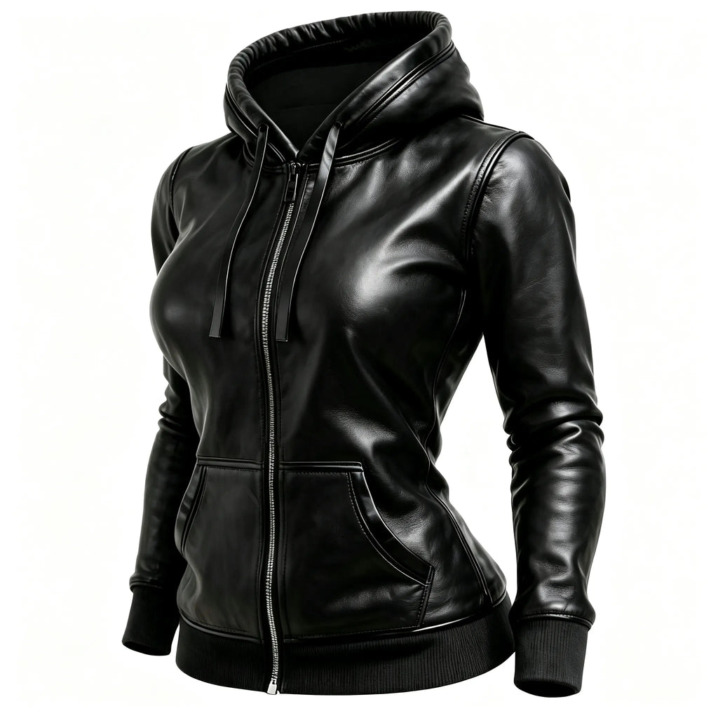 Women's Vintage Black Leather Fleece Pocket Hooded Jacket