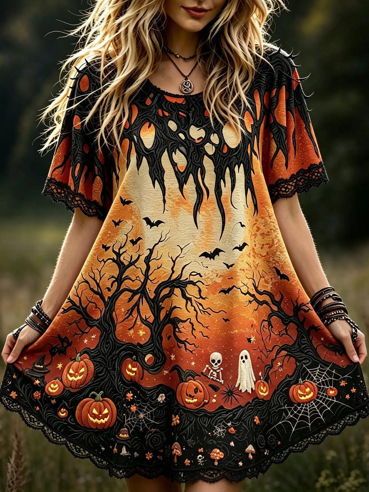 Women's Bohemian-style Halloween Dress With Skull, Ghost, And Pumpkin Prints