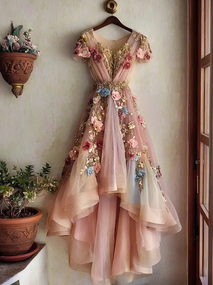 Women's Vintage Floral Gradient Art Flowy Linen Blend V Neck Maxi Dress