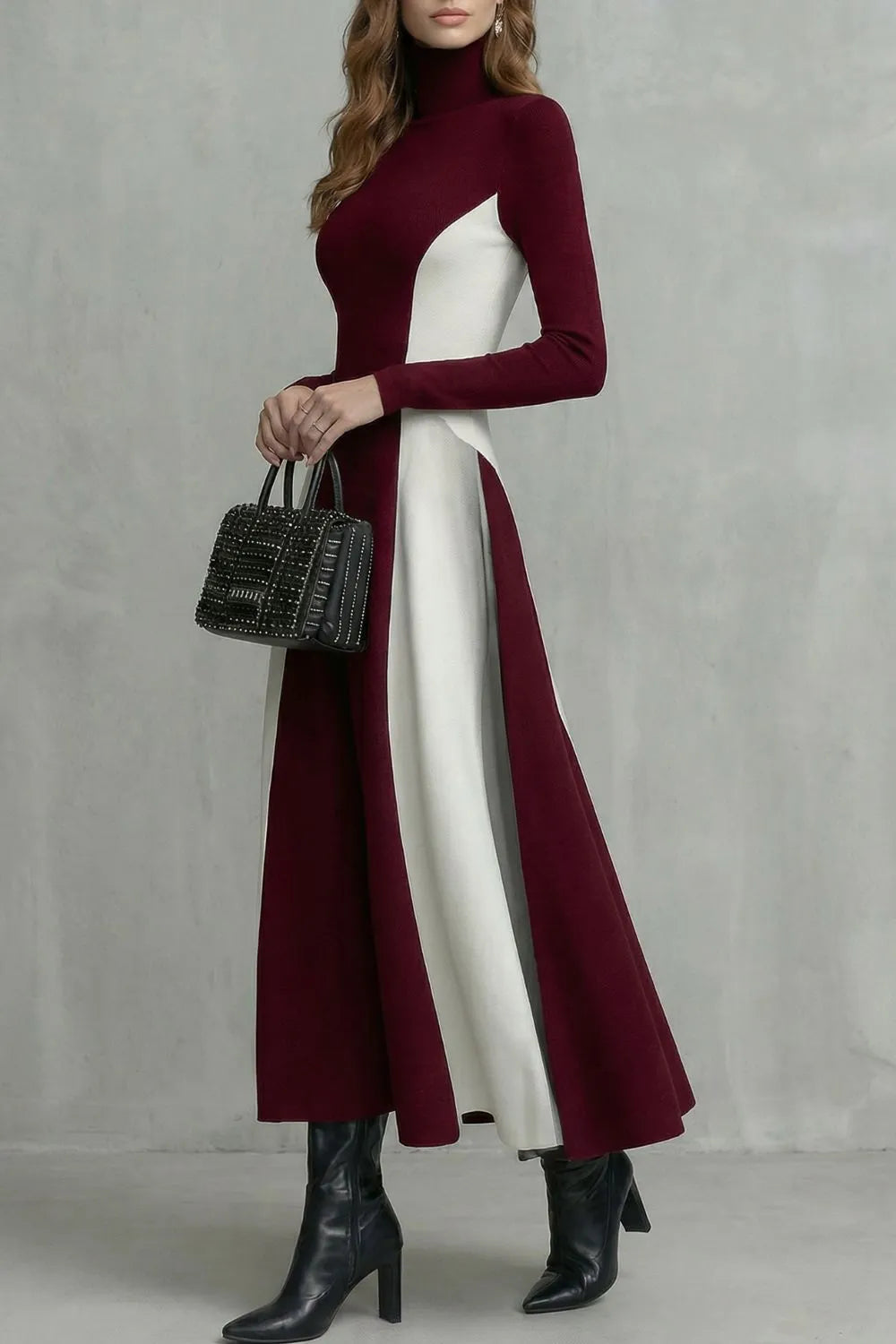 Sculpted contrast flow – Turtleneck dress