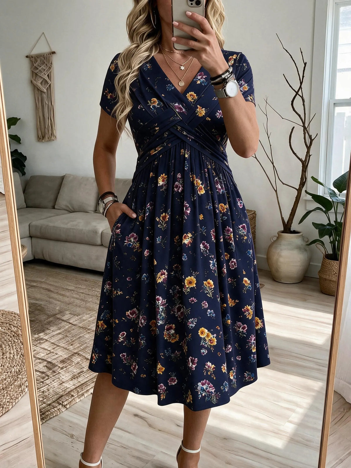 Women's V-Neck Floral Print Dress with Twist Waist