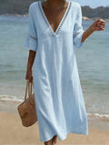 Cozy Cutout-panel V-neck Cotton-linen Dress