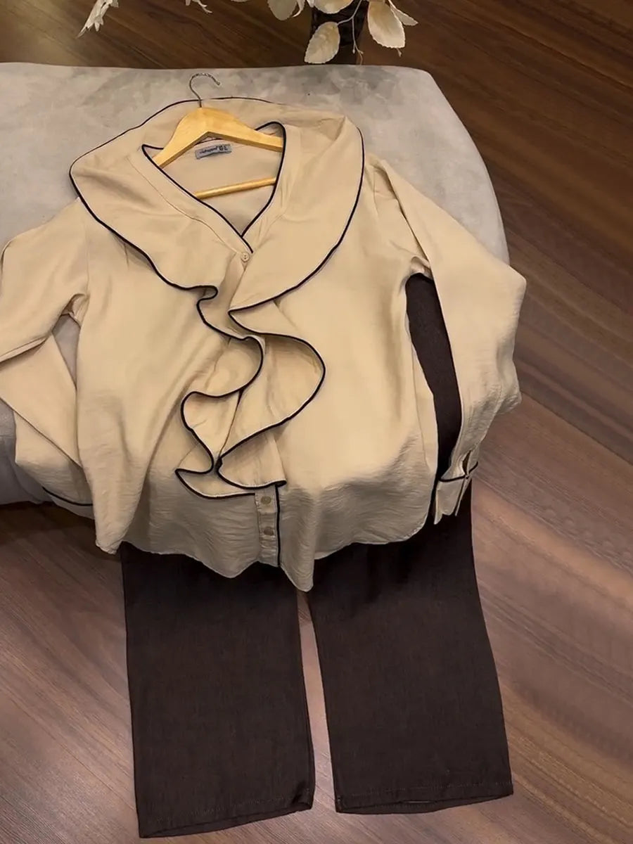 Women's V-neck Long-sleeve Loose-fit Top & Elastic-waist Wide-leg Pants Set