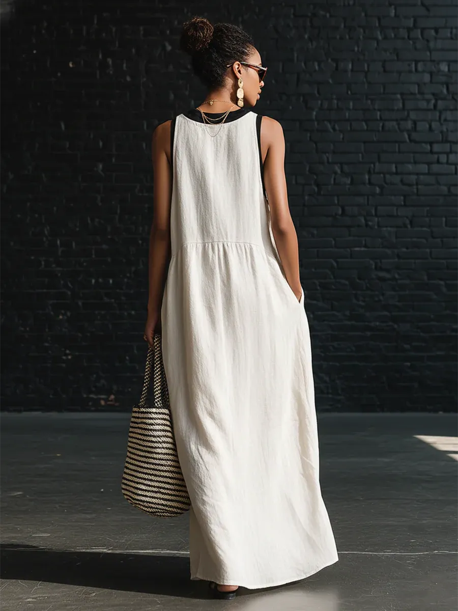 Classic Elegant Color-blocked Tie-neck Maxi Dress