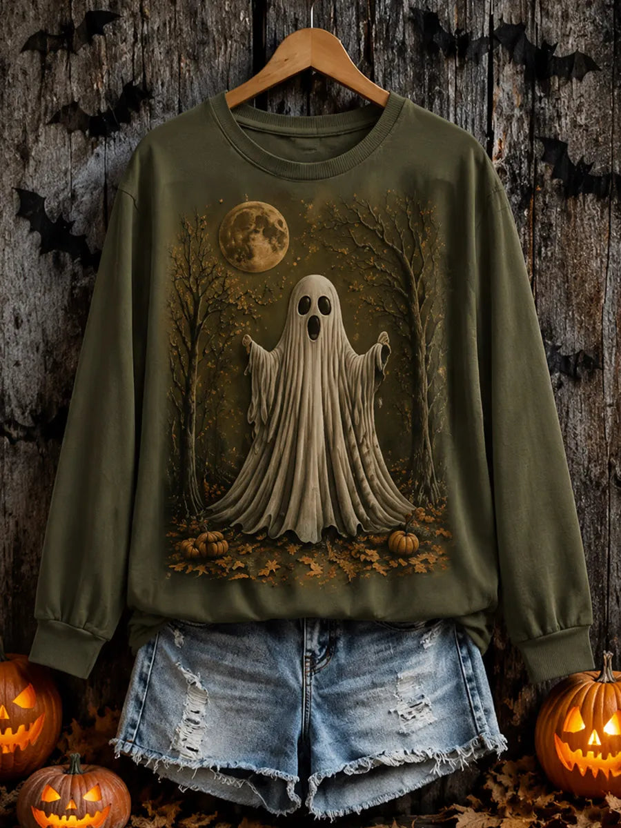 Halloween Retro Art Print Casual Long-Sleeve Top