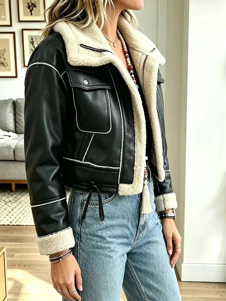 Women Retro Short Warm Motorcycle Jacket