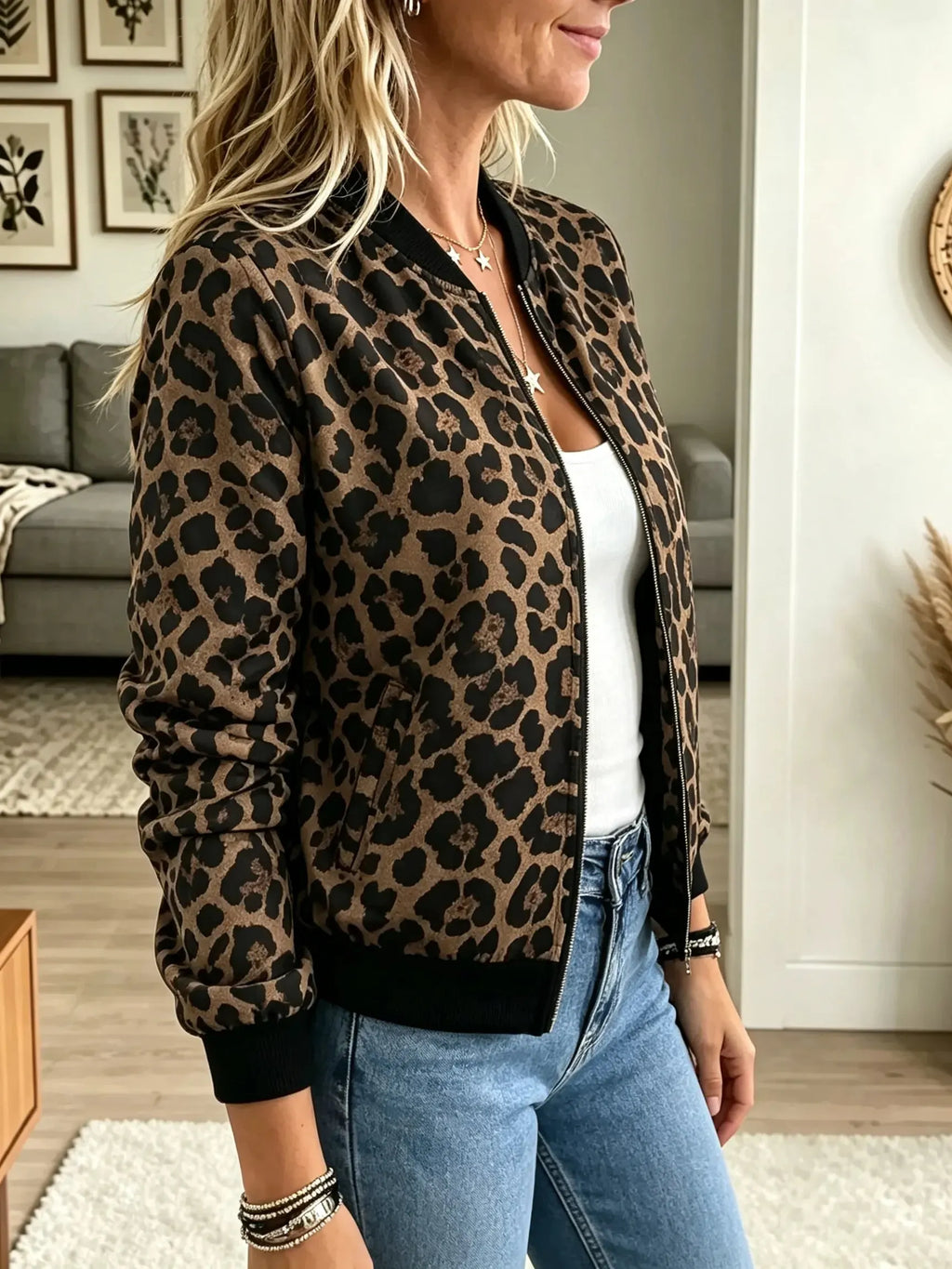 Women's Leopard Print Zip-Up Bomber Jacket