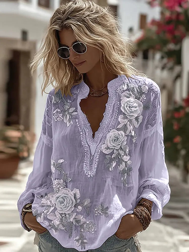 Women's Vintage Floral Embroidery Art Comfy Linen Shirts