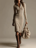 Virelle - Chic Beige Striped Midi Dress