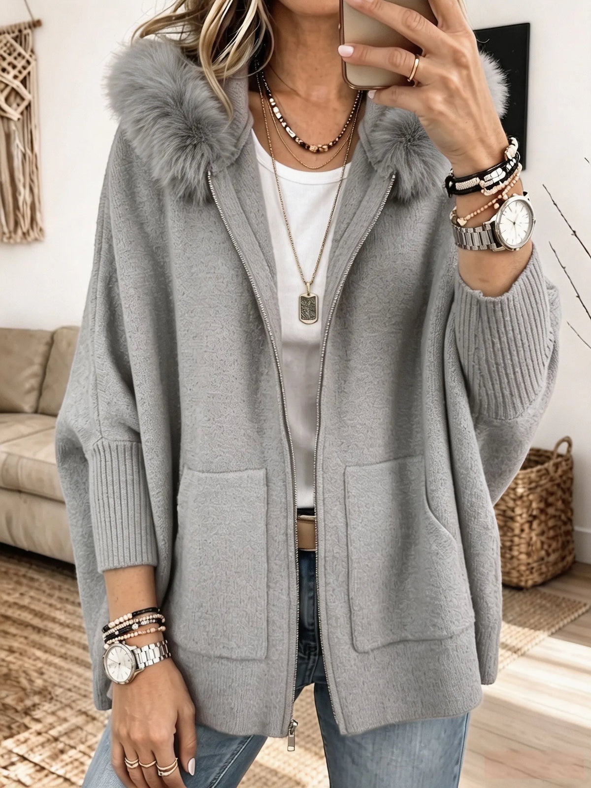 Women Furry Hood Zip‐Up Knit Cardigan, Oversized Cozy Knitted Jacket With Pockets