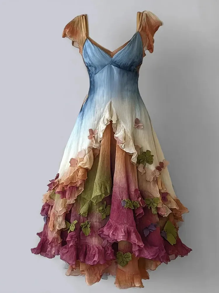 Women's Bohemian Color-blocked Gradient Patchwork Art V-neck Short Sleeve Midi Dress