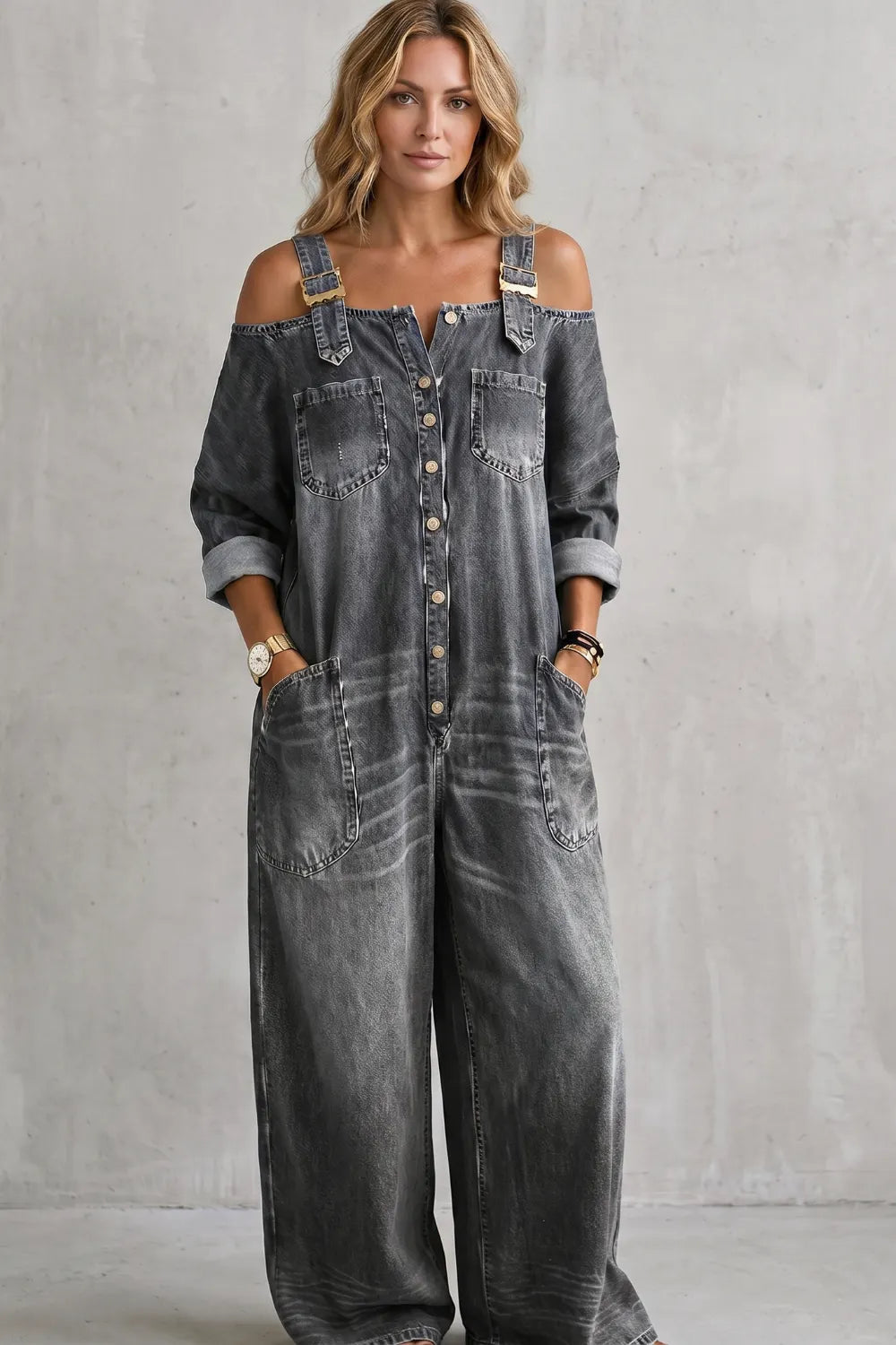Off-shoulder utility charm – Wide-leg overalls