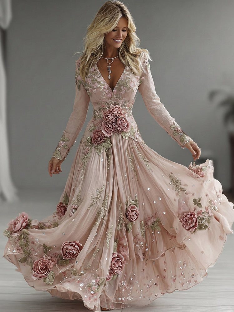 Women's Vintage Boho Floral Lace Sequins Art Flowy Maxi Dress
