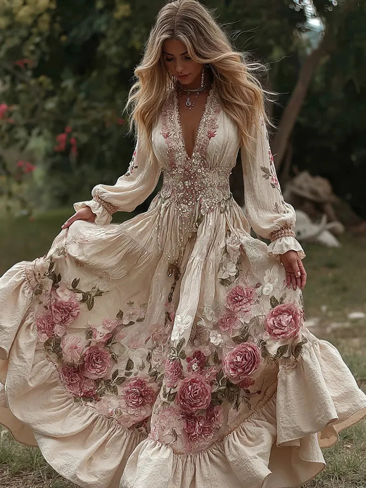 Women's Vintage Roses Embroidery Art V-neck Long Sleeves Maxi Dress