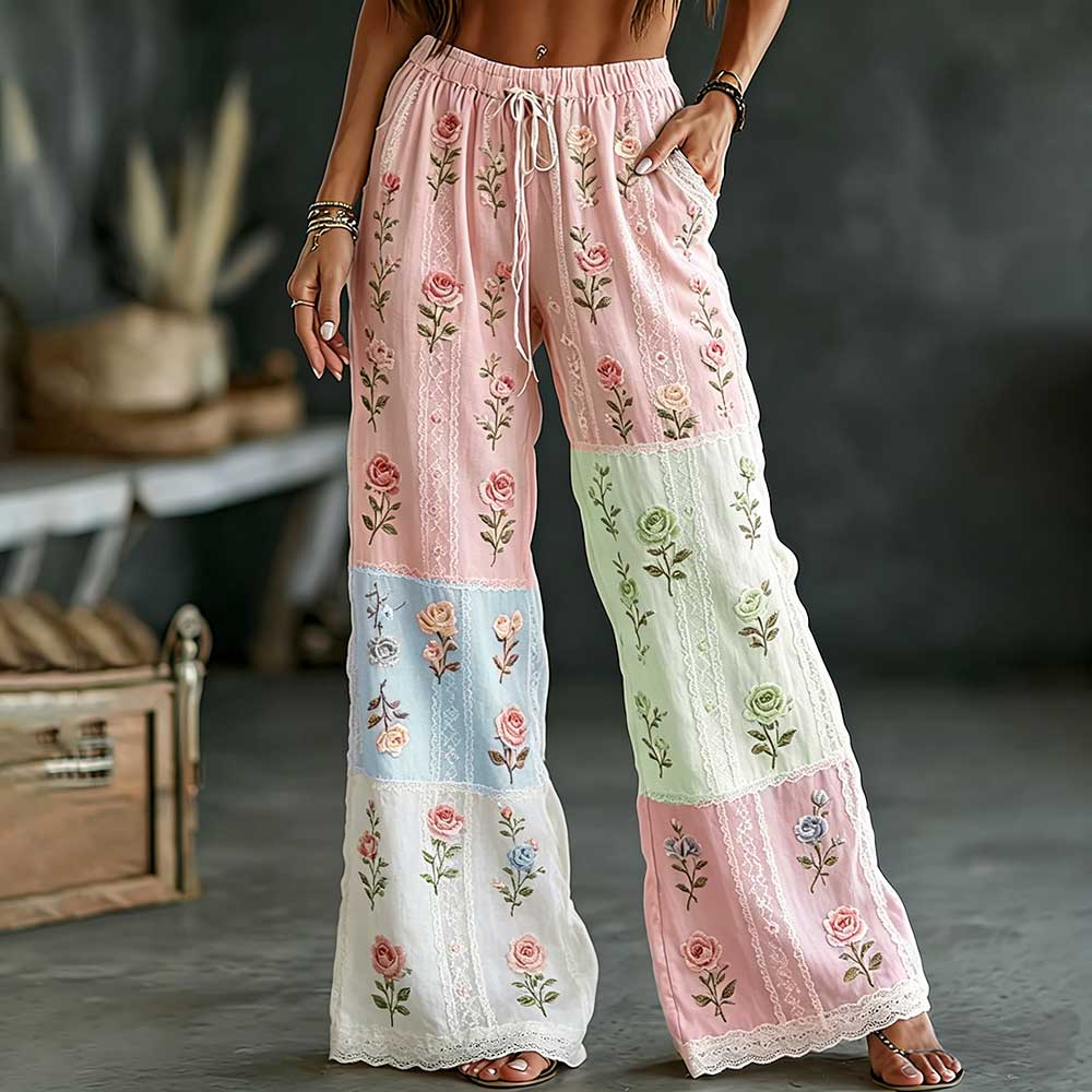 Vintage Rose Art Embroidery Color-block Spliced Comfortable Cotton Linen Trousers