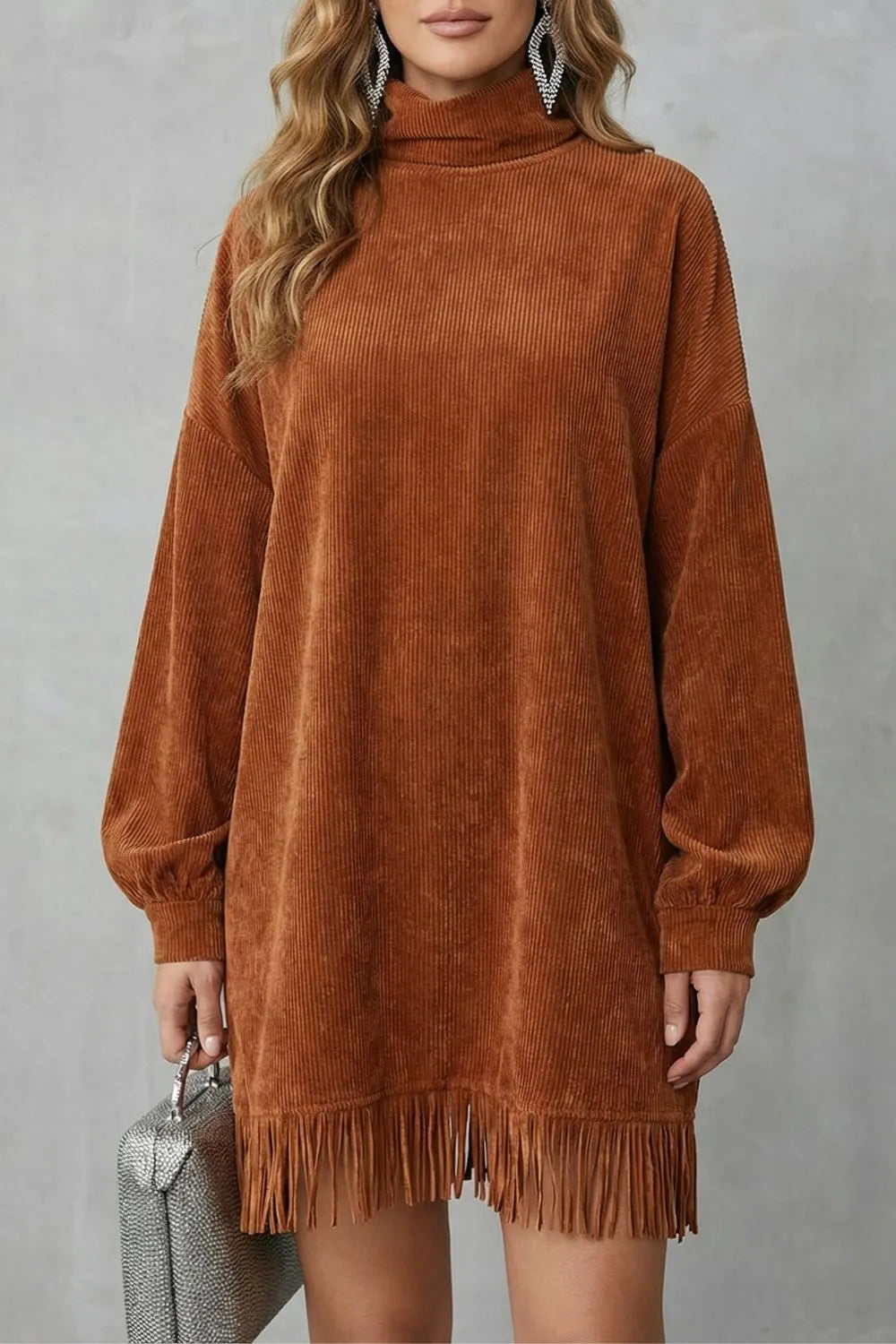 Fringed charm – Turtleneck mini dress