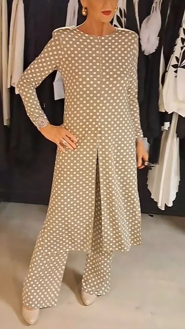 Women Round Neck Polka Dot Slit Top + Pants Casual Suit
