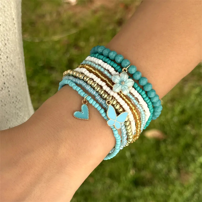 Bohemian 9-piece Butterfly, Flower And Heart Beaded Bracelet