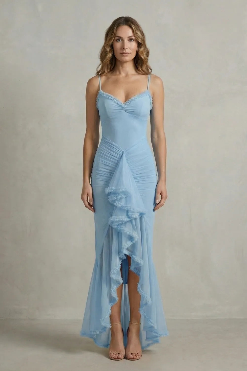 Feminine ruffle allure – Sleeveless high low maxi dress