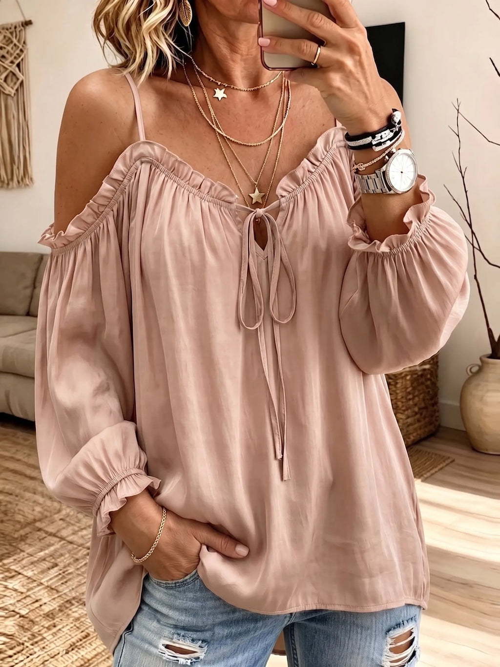 Women Tie Front Cold‐Shoulder Blouse Ruffle Long Puff Sleeve Casual Top
