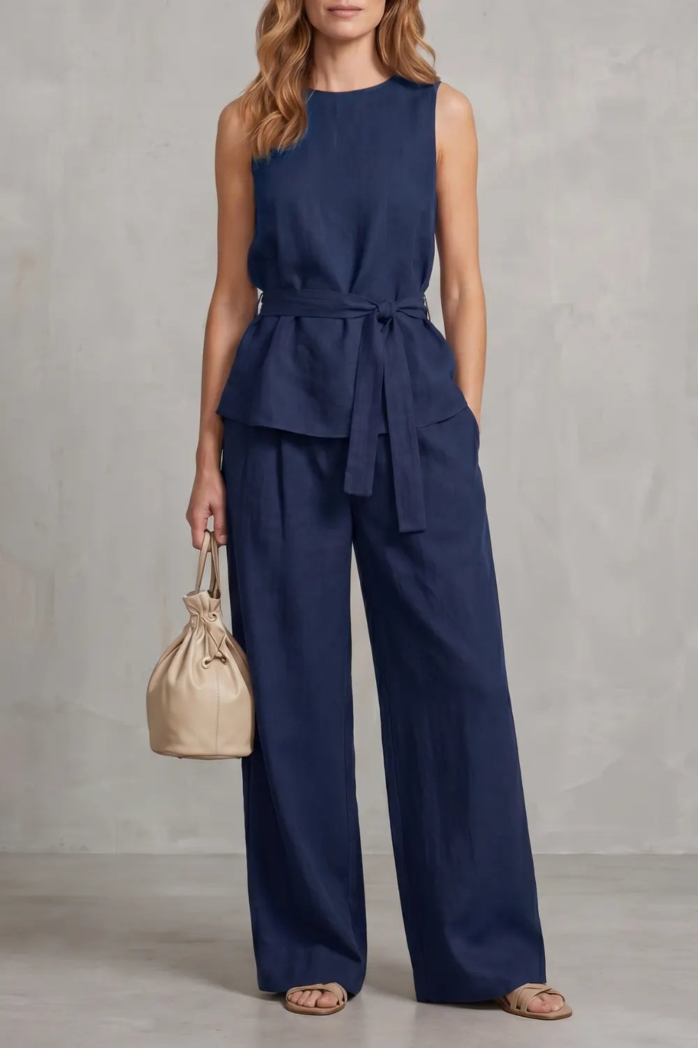 Elegant tie-waist silhouette – Two-piece trouser set