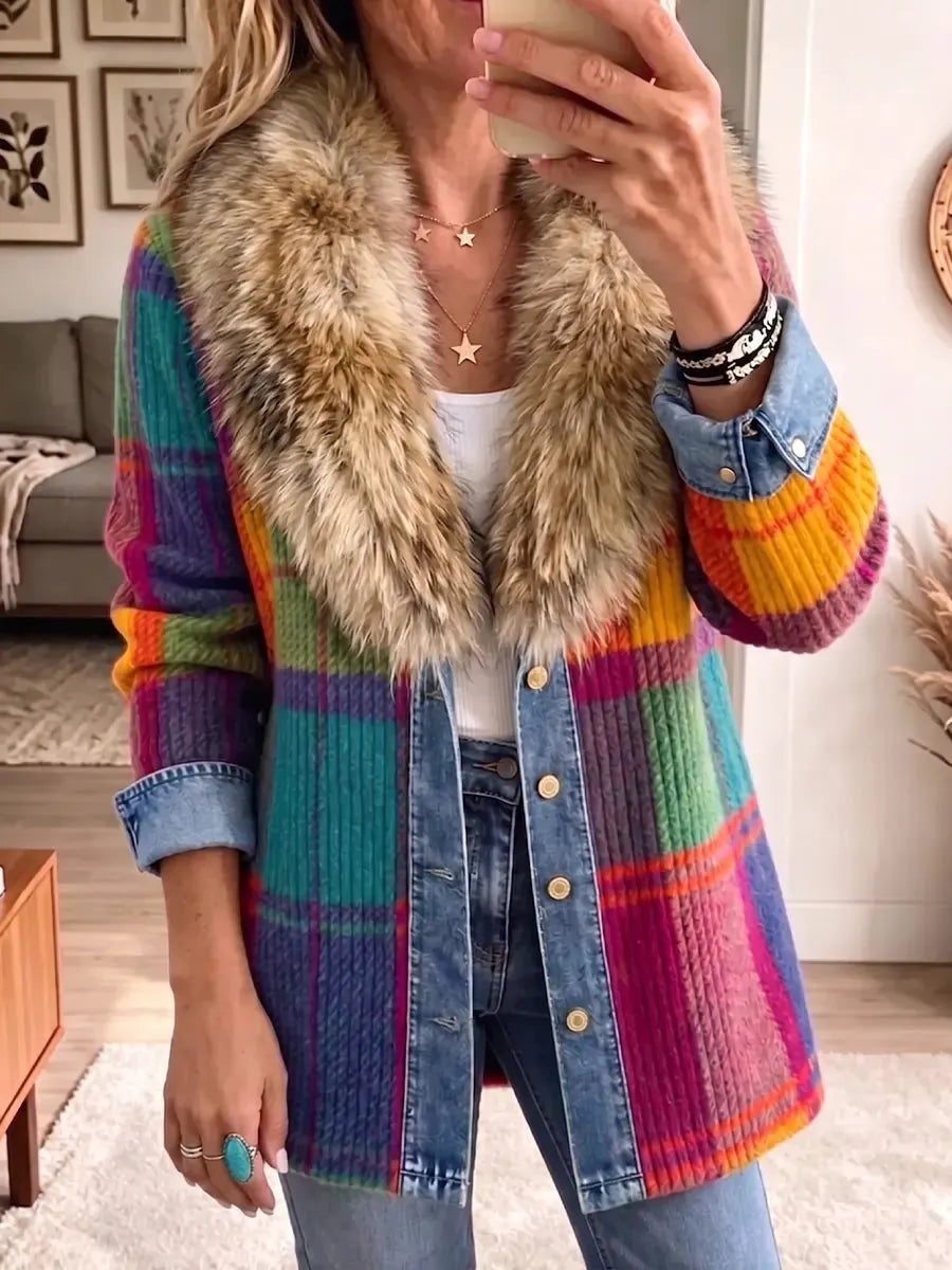 Vintage Elegant Denim Patchwork Plaid Fur Collar Jacket
