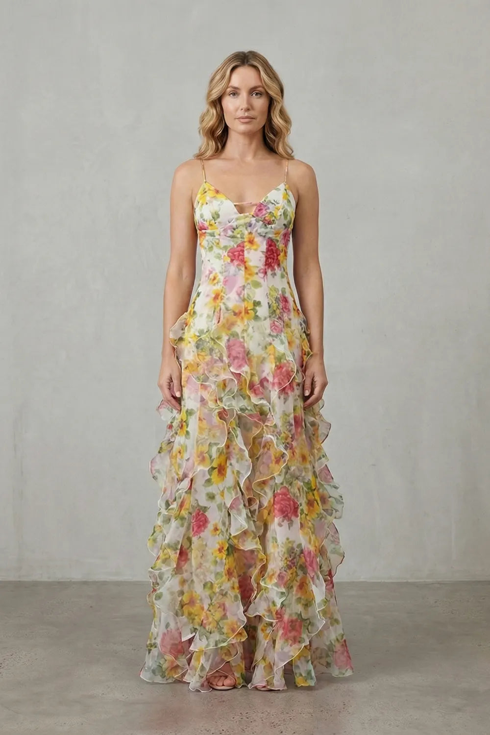 Watercolour bloom flow – Ruffled chiffon maxi dress