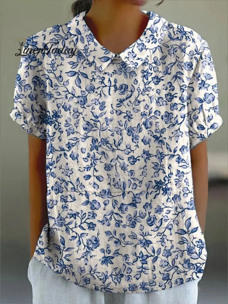 Women's Simple Small Blue Flowers Print Casual Cotton And Linen Shirt