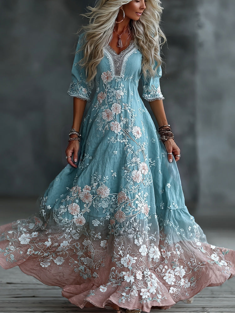 Women's Floral Art Embroidery Cotton Linen Round Neck Short Sleeve Dress