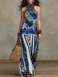Women's Retro Ethnic Floral Pattern Art Print Casual Fashion Cotton Maxi Dress