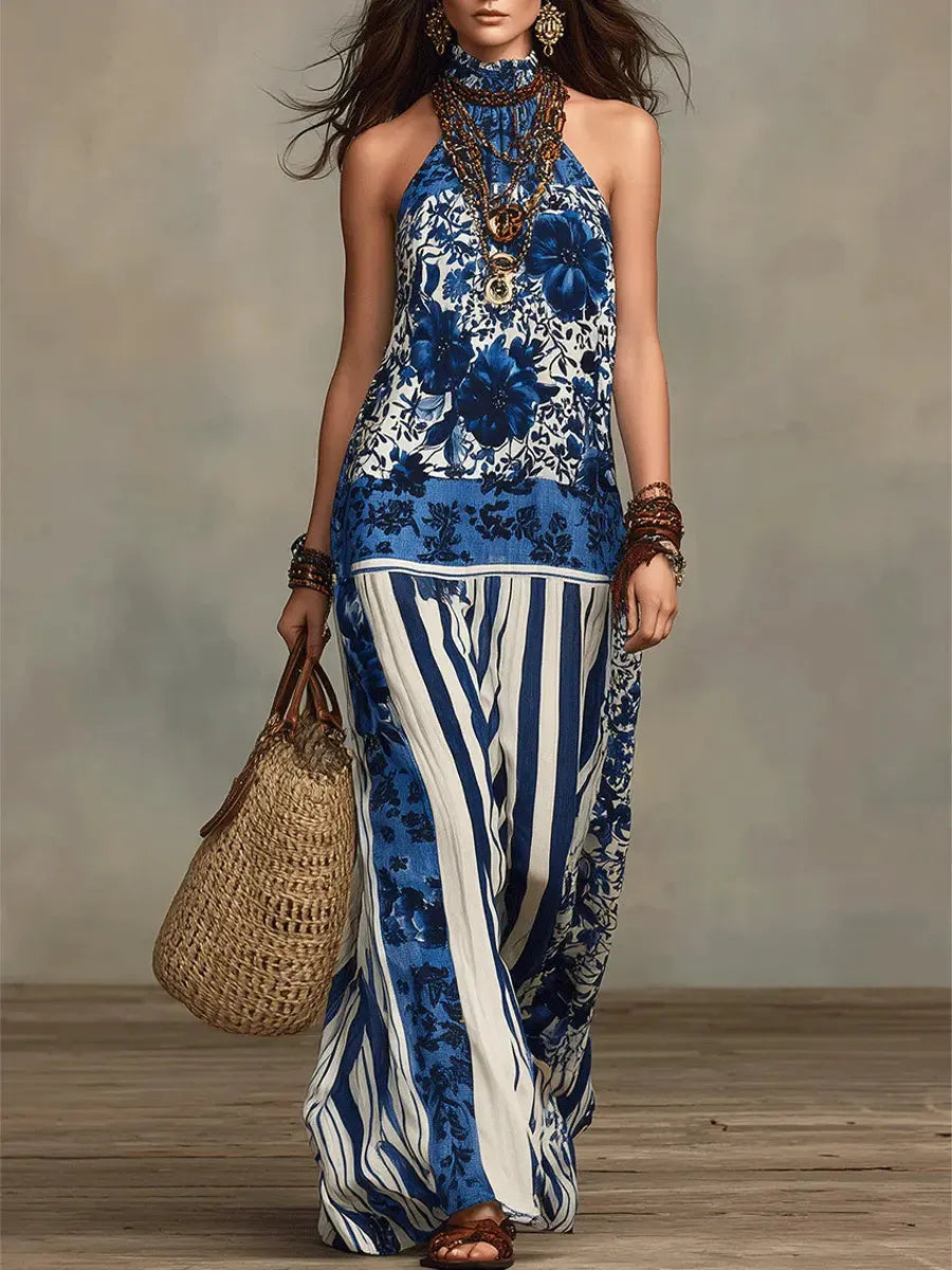 Women's Retro Ethnic Floral Pattern Art Print Casual Fashion Cotton Maxi Dress