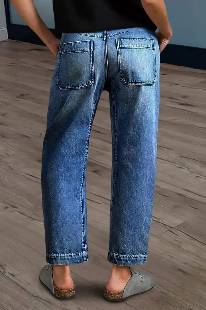 Wash Stitch Detail Mid Rise Barrel Leg Crop Jeans Without Belt
