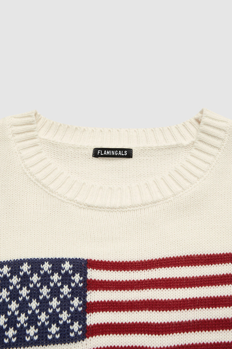 American Flag Pattern Knit Drop Shoulder Long Sleeve Sweater