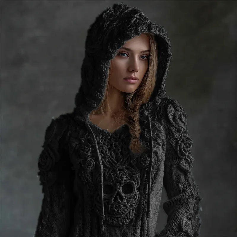 Vintage White Roses Viking Celtic Skull Hooded Cozy Knit Sweater