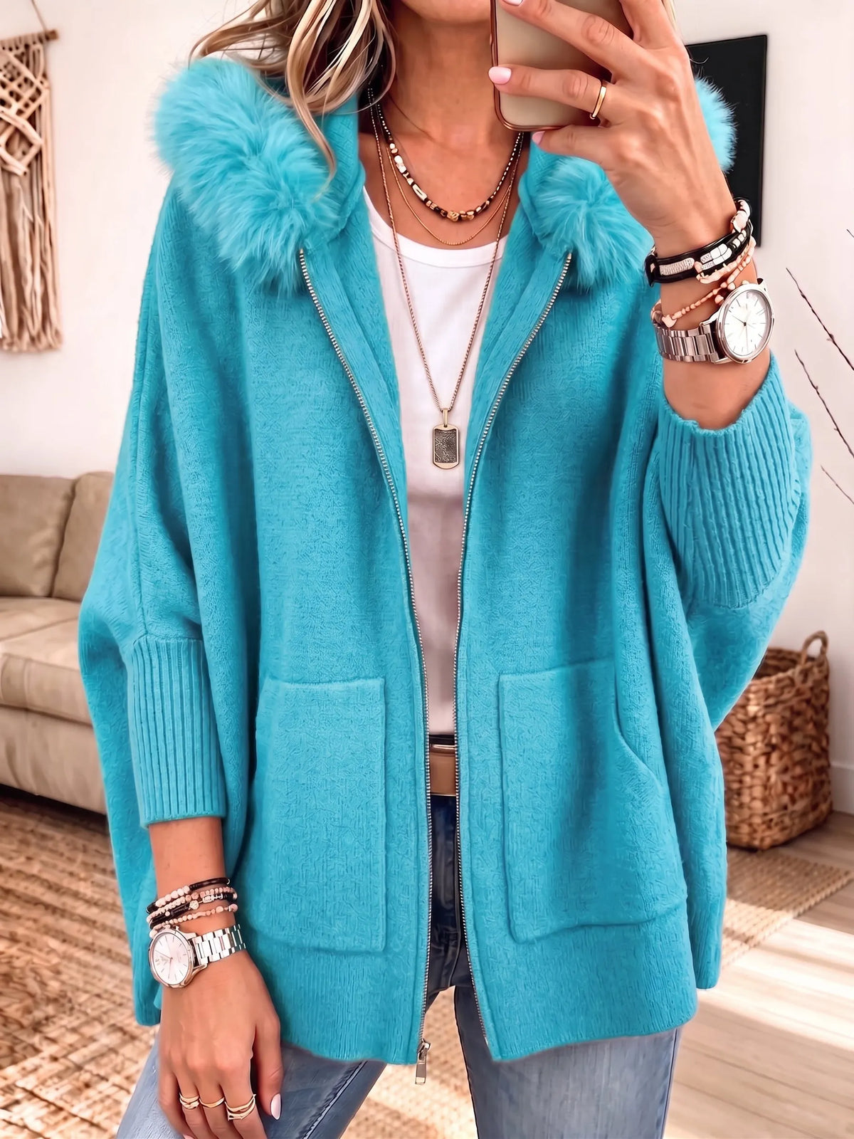 Women Furry Hood Zip‐Up Knit Cardigan, Oversized Cozy Knitted Jacket With Pockets