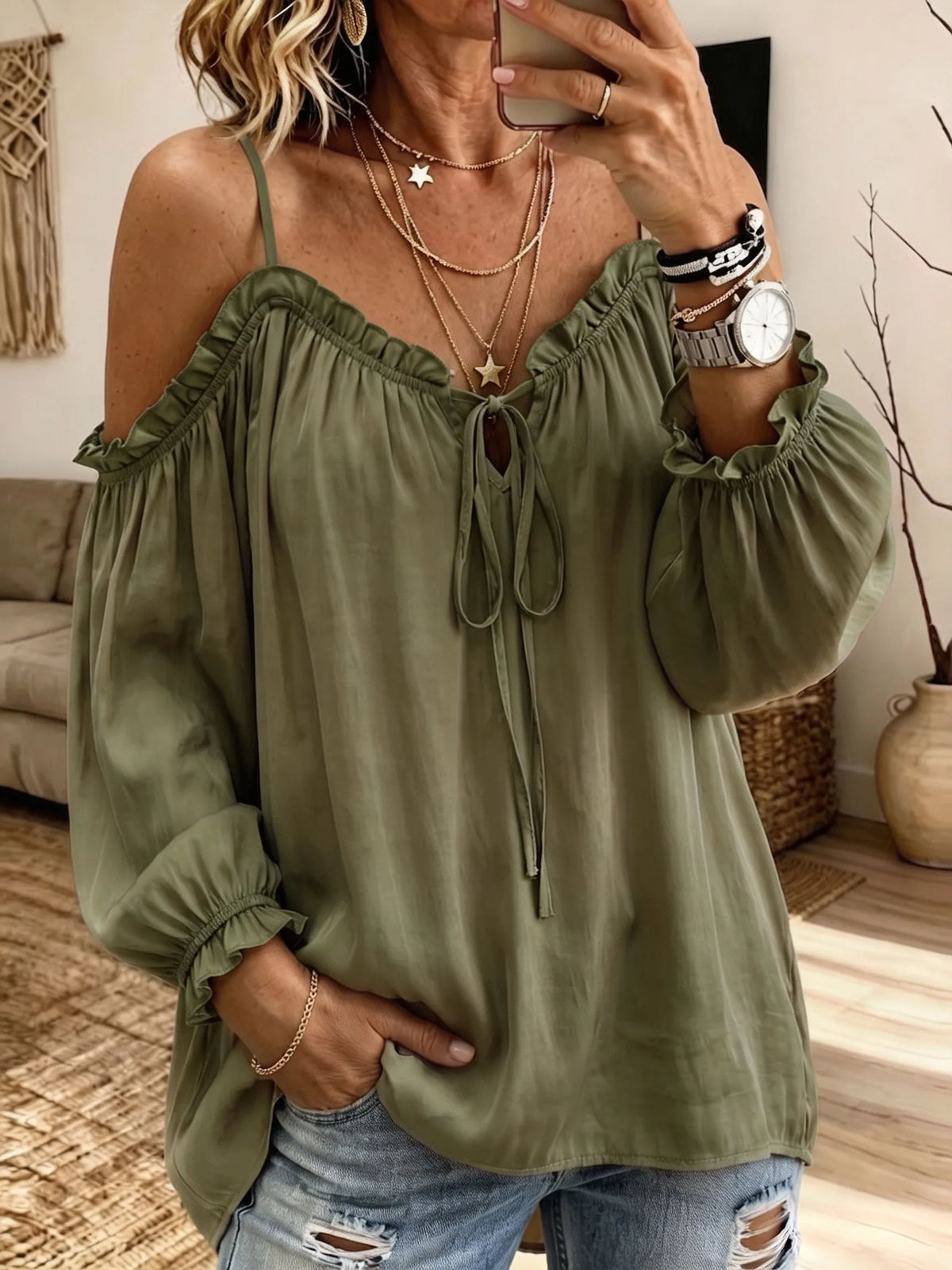 Women Tie Front Cold‐Shoulder Blouse Ruffle Long Puff Sleeve Casual Top