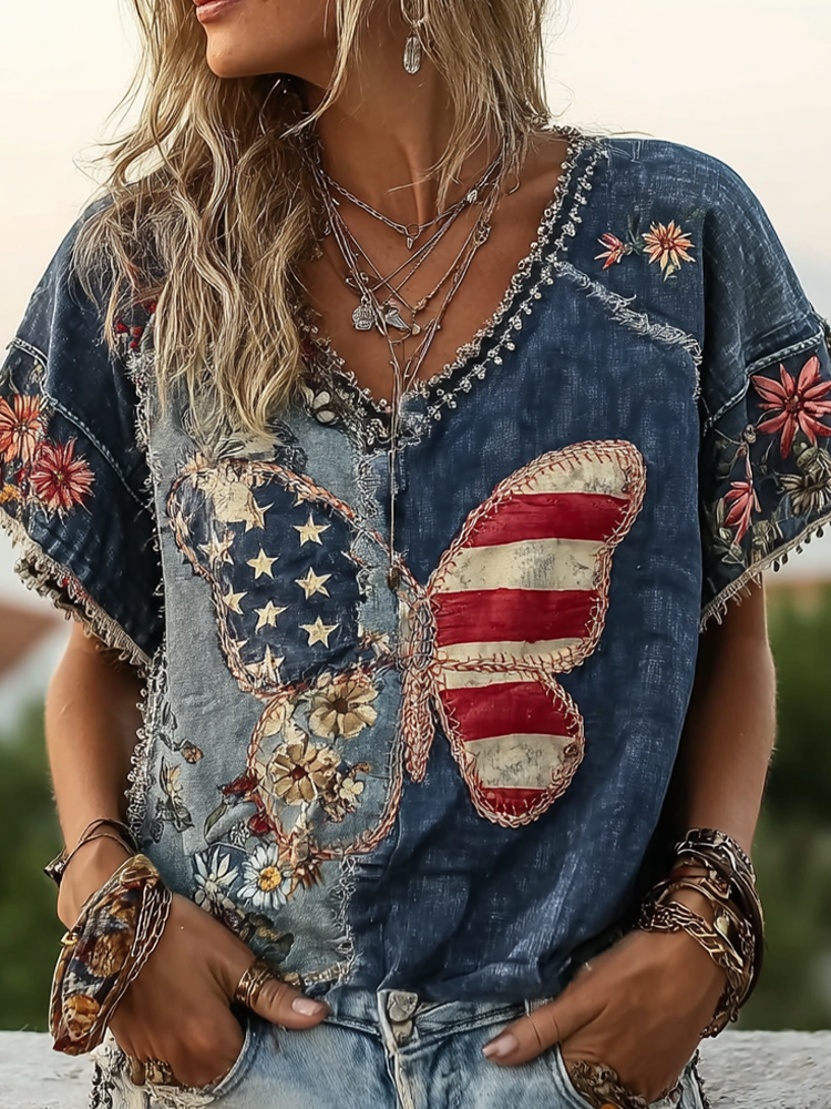 Vintage Butterfly And Flowers American Flag Linen T-shirt