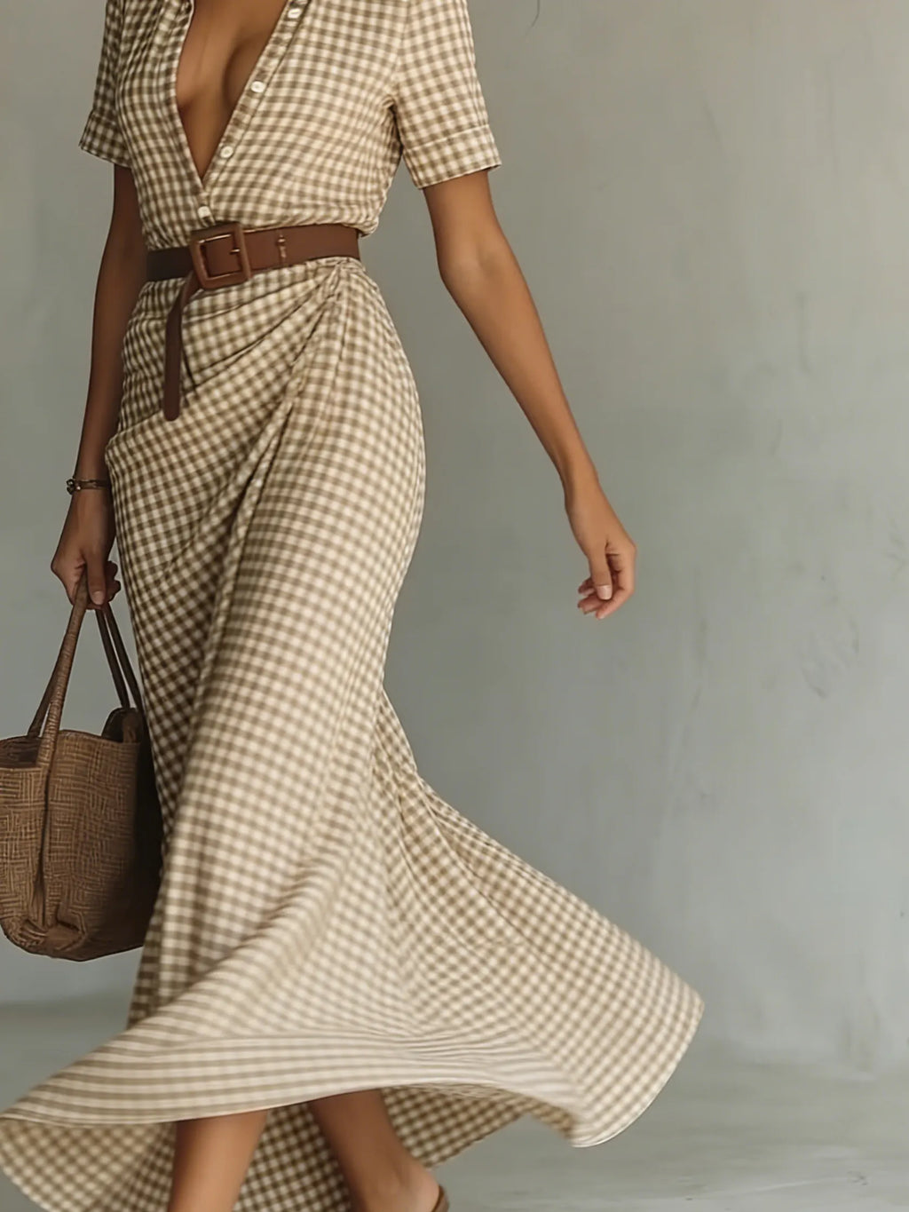 Retro Plaid Print Button Maxi Dress