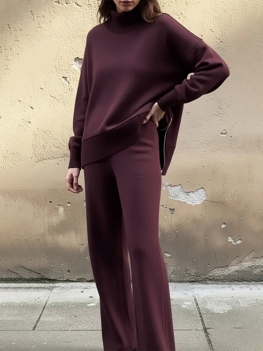 Casual Travel Stand Collar Side Zipper Top Straight Pants Two-Piece Set