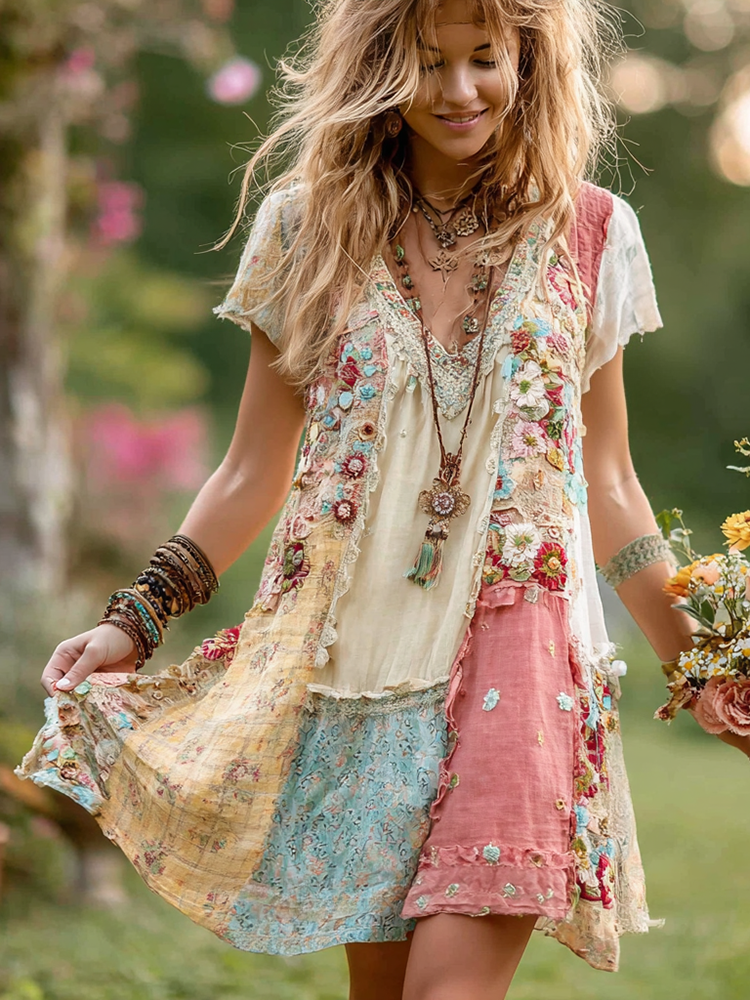 Women's Retro Floral Splicing Cotton And Linen Short Dress