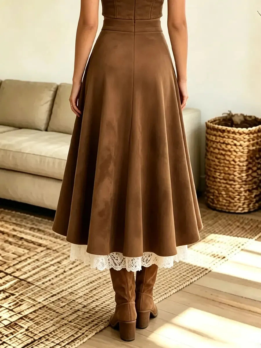 Retro Floral Lace Patchwork Art Casual Suede Stylish Skirt