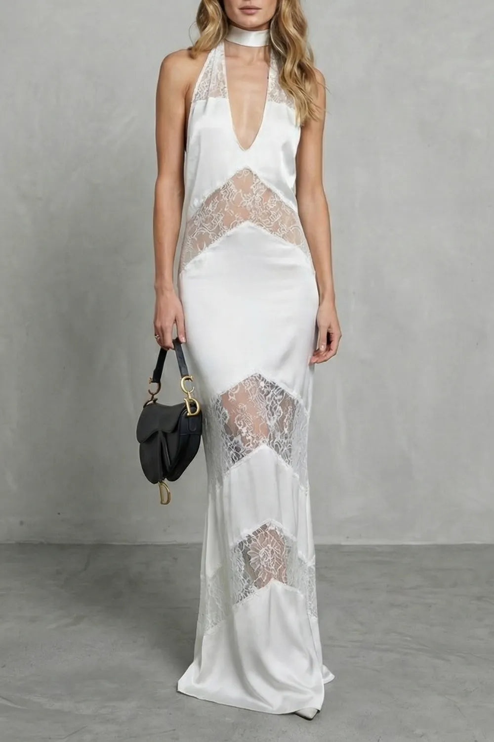 Lace panel allure – Halterneck maxi dress