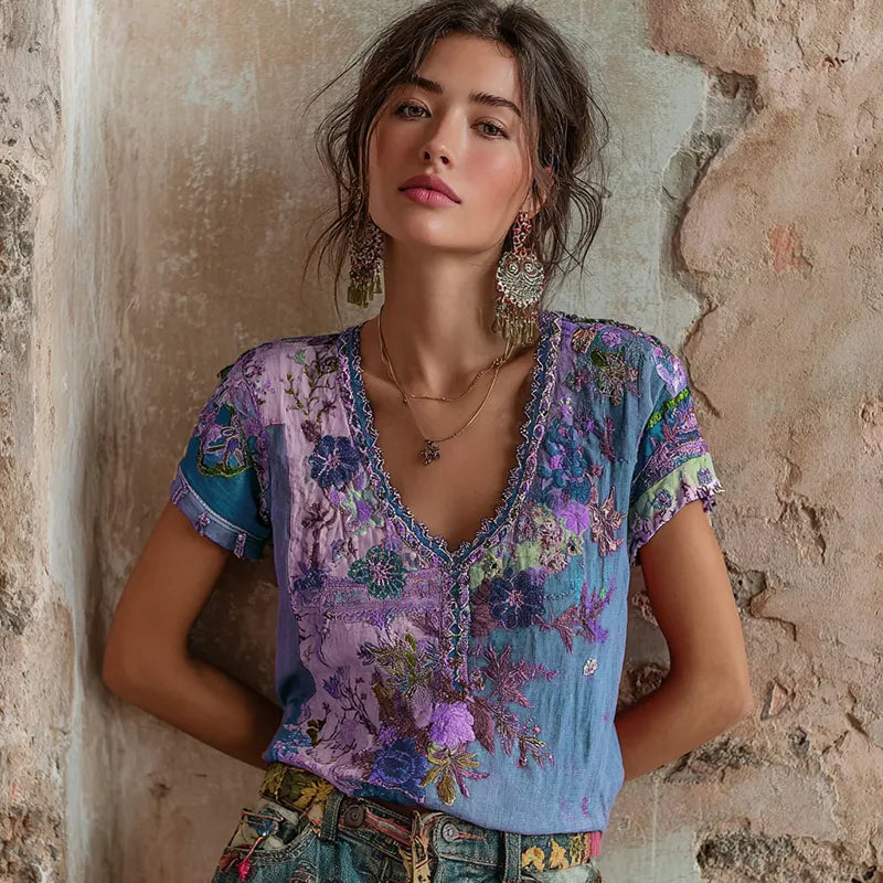 Women's Bohemian Floral Embroidery Art V-neck Contrast Color Linen Blend T-shirt