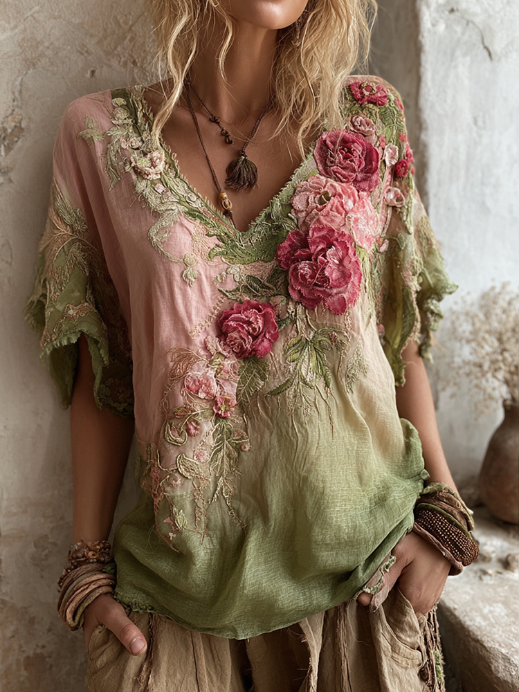 Women's Retro Floral Embroidered Linen T-shirt