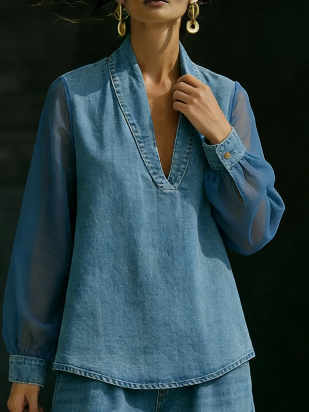 Elegant Stylish Mesh Sleeves Top Denim Two-piece Set