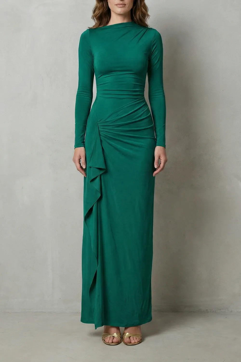 Sculpted side drape – Long sleeve maxi gown