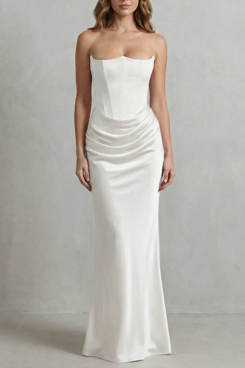 Sculpted satin drape – Strapless corset maxi dress