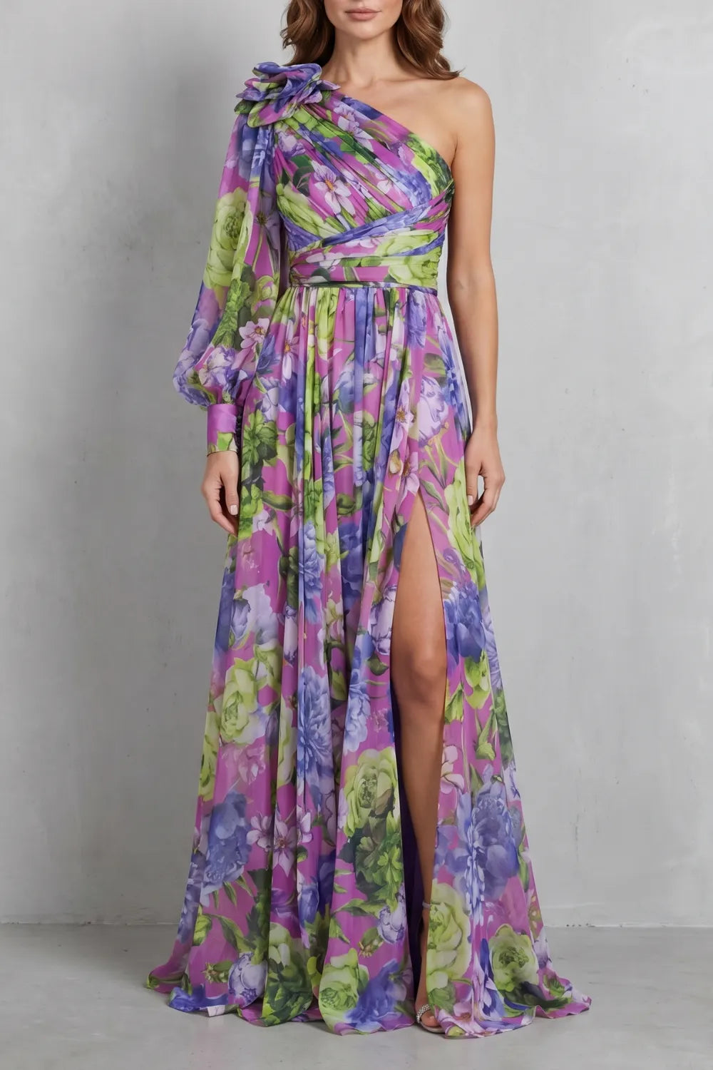 One-shoulder floral drape – Maxi dress